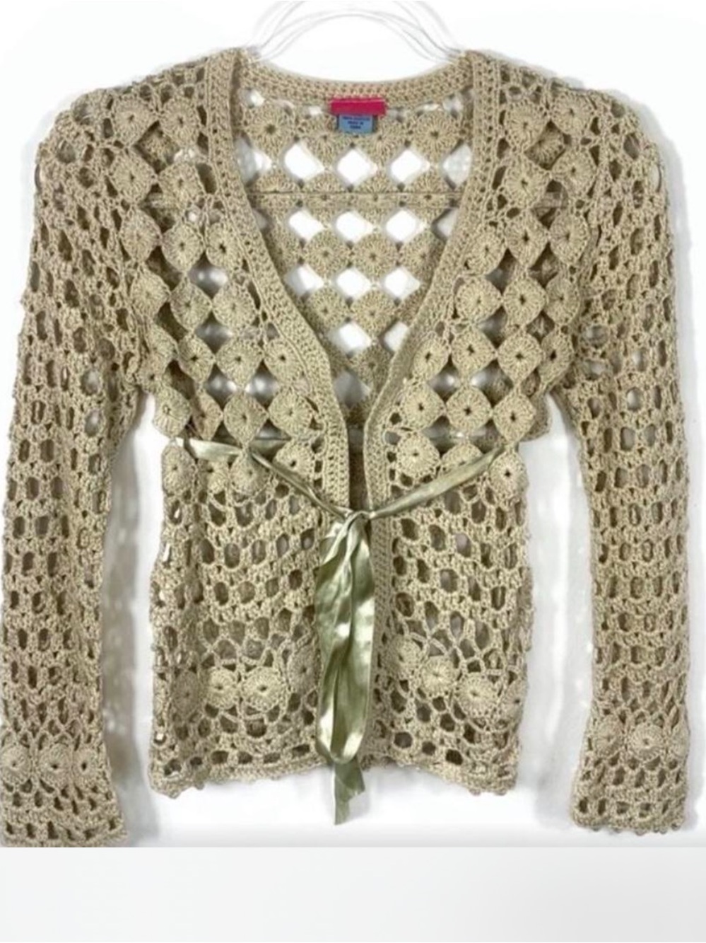 Vintage Y2K Betsey Johnson Crochet Openwork Tie-Front Sweater Cardigan - tan